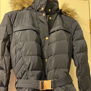 Brand New Michael Kors Navy 3/4 Length Puffer Jacket with Fur Hood